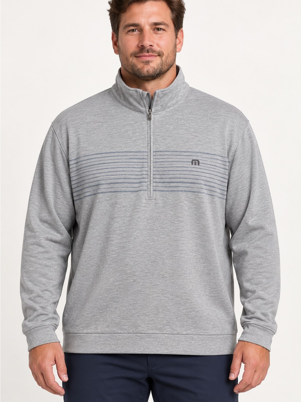 TravisMathew Men’s XXL Gray Striped Quarter Zip Golf Pullover